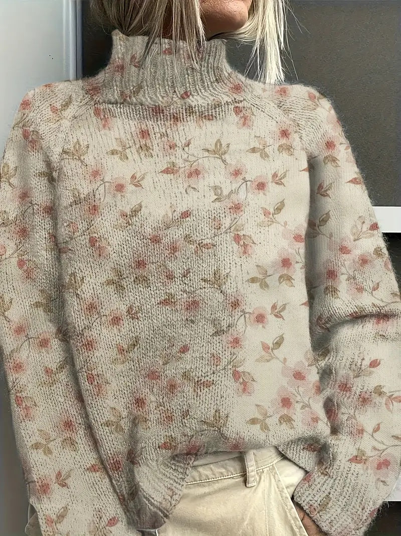 Women's Vintage Floral Print Pullover - Turtleneck Long Sleeve Loose Fit Polyester Top