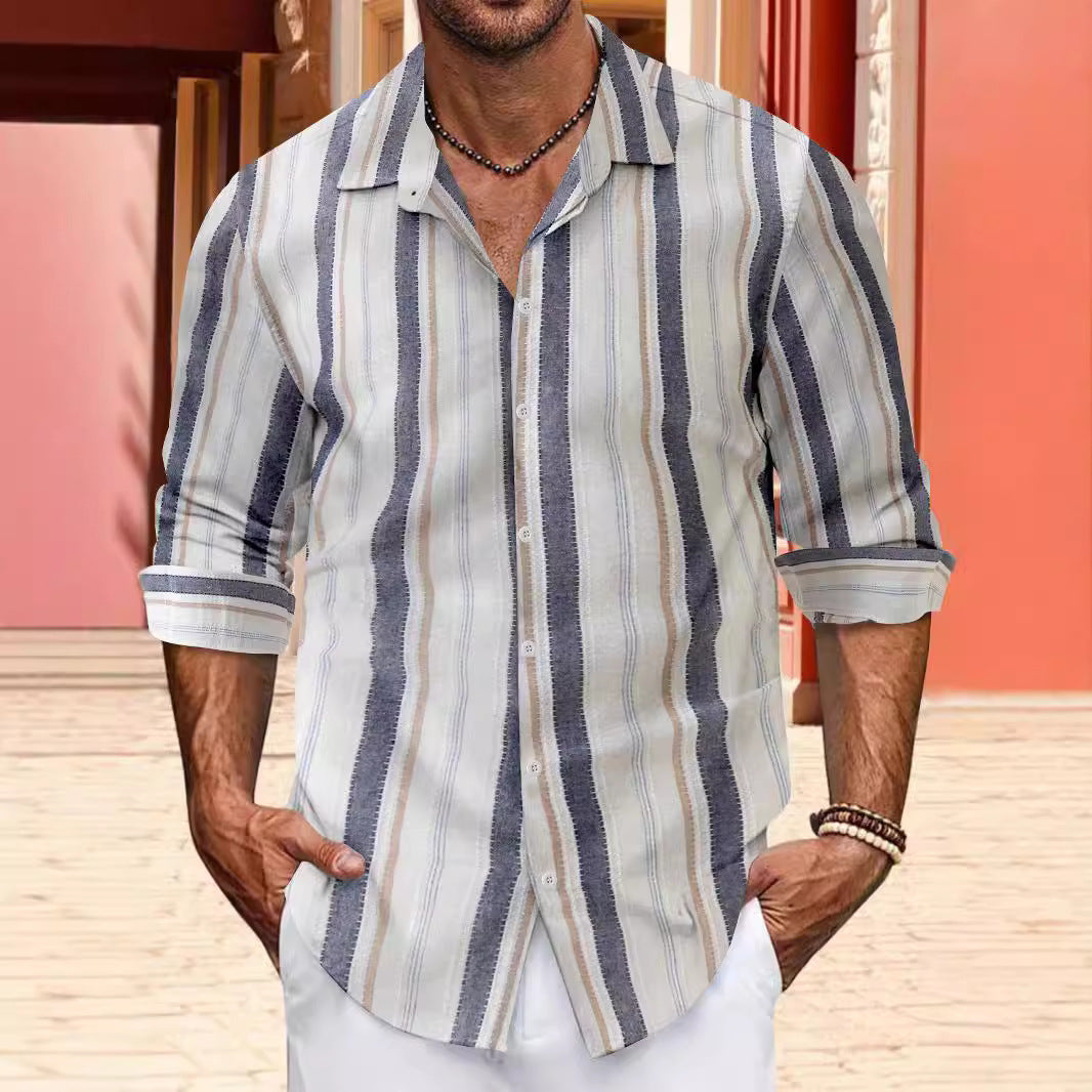 Striped Cotton And Linen Men's Lapel Long-sleeved Shirt