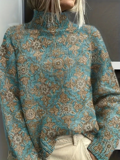 Women's Vintage Floral Print Pullover - Turtleneck Long Sleeve Loose Fit Polyester Top