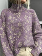 Women's Vintage Floral Print Pullover - Turtleneck Long Sleeve Loose Fit Polyester Top