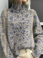 Women's Vintage Floral Print Pullover - Turtleneck Long Sleeve Loose Fit Polyester Top