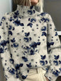 Women's Vintage Floral Print Pullover - Turtleneck Long Sleeve Loose Fit Polyester Top