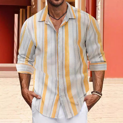 Striped Cotton And Linen Men's Lapel Long-sleeved Shirt
