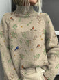 Women's Vintage Floral Print Pullover - Turtleneck Long Sleeve Loose Fit Polyester Top