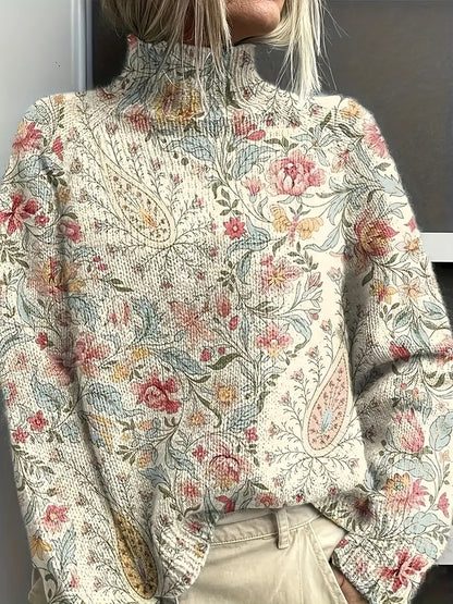 Women's Vintage Floral Print Pullover - Turtleneck Long Sleeve Loose Fit Polyester Top
